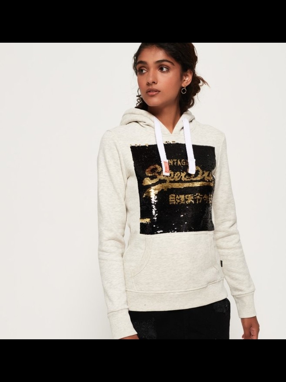 Superdry Cream Hoodie with Black & Gold Sequin Logo